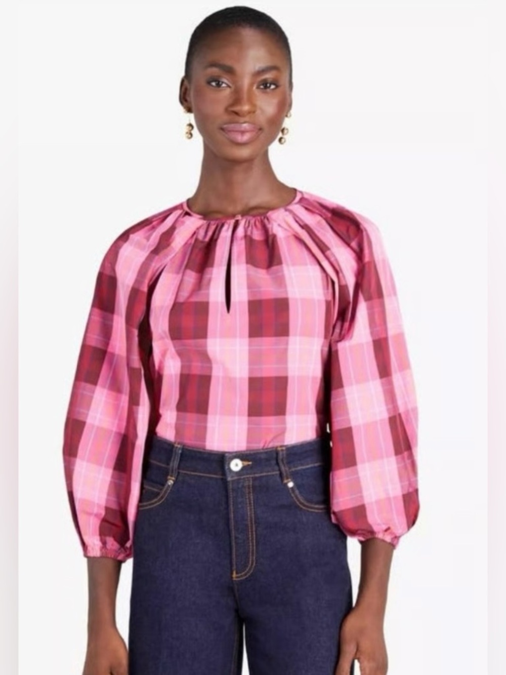 kate spade Pink Plaid Puff-Sleeve  Women’s Top Small